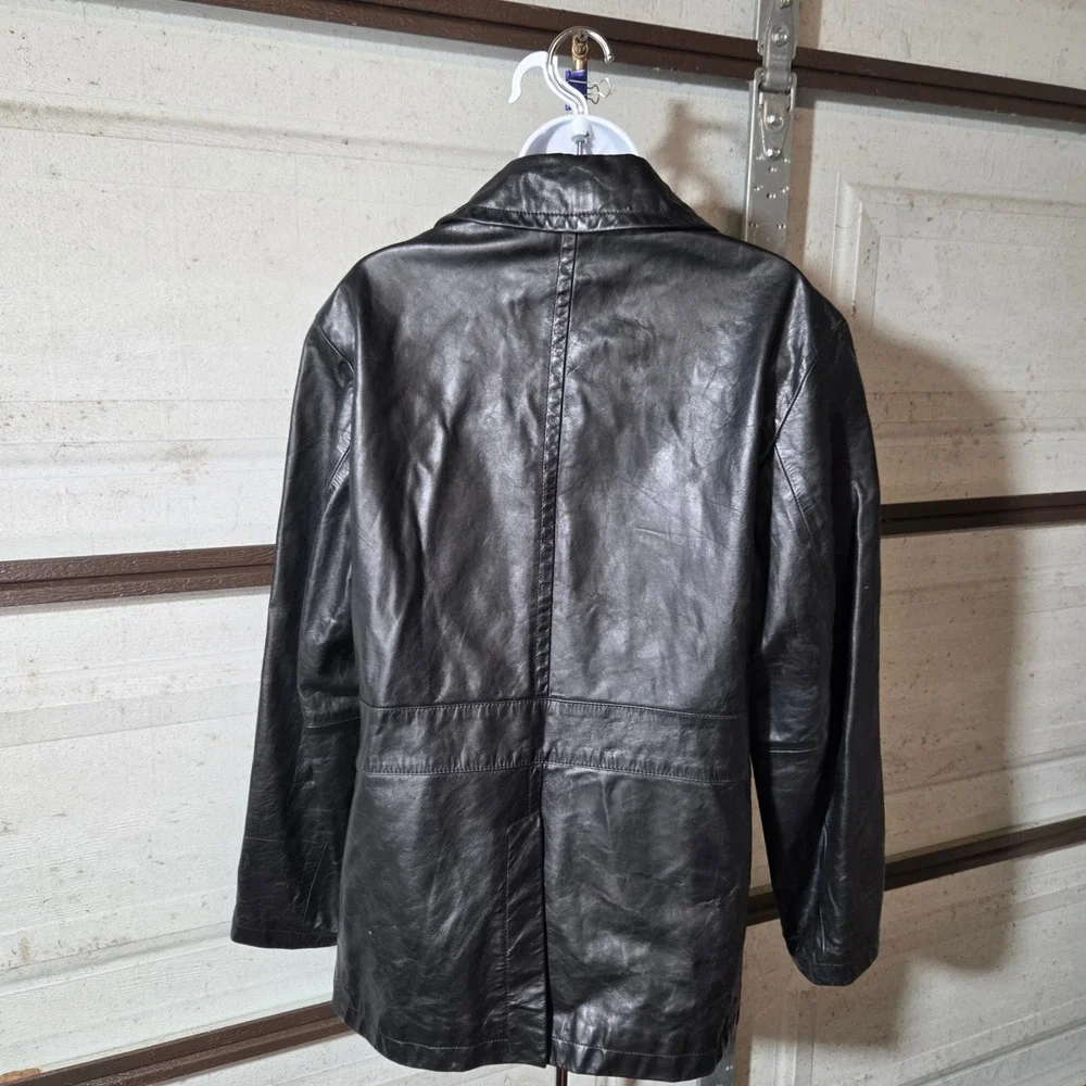 Tommy Hilfiger Mens Black Leather Car Coat Jacket Vintage Y2K Size M Medium